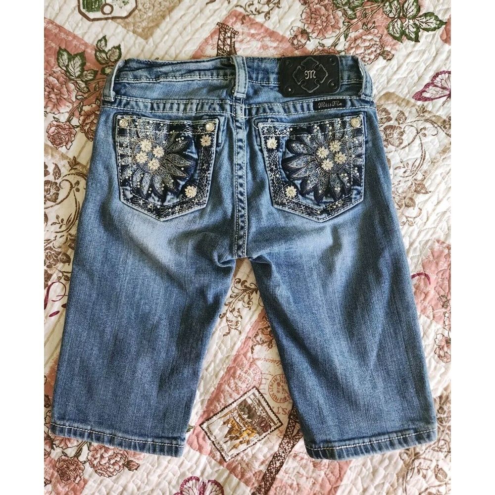 Miss Me Girl's Embroidered Denim Bermuda Shorts Blue Jeans Size 14